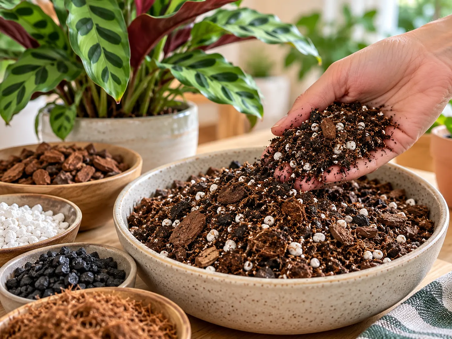 The ideal rattlesnake plant soil mix must hold sufficient moisture while allowing excess water to escape.